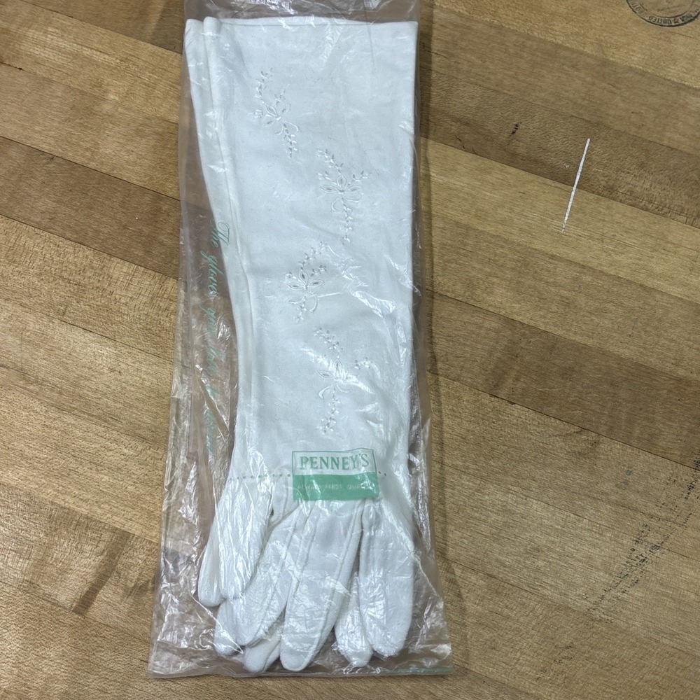 Vintage Penneys White Opera Gloves Size 6.5 Cotton West Germany Original Bag